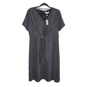 NWT Christopher & Banks Black & White Striped Short Sleeve Tie Waist Dress Sz 12